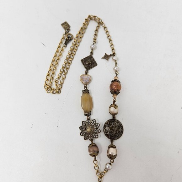 Desert Heart Drop Necklace Filigree Faux Pearl - Picture 3 of 4